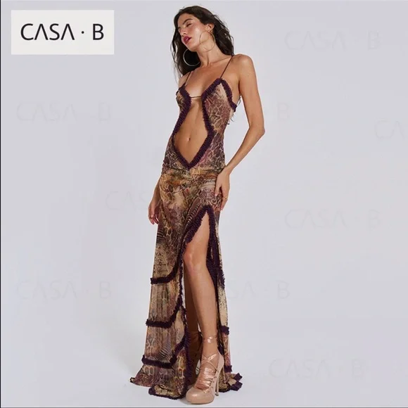 NEW to CASA B💫|Seraphina Sheer Cut-Out Frill Leopard Script Print Maxi dress - Picture 7 of 17